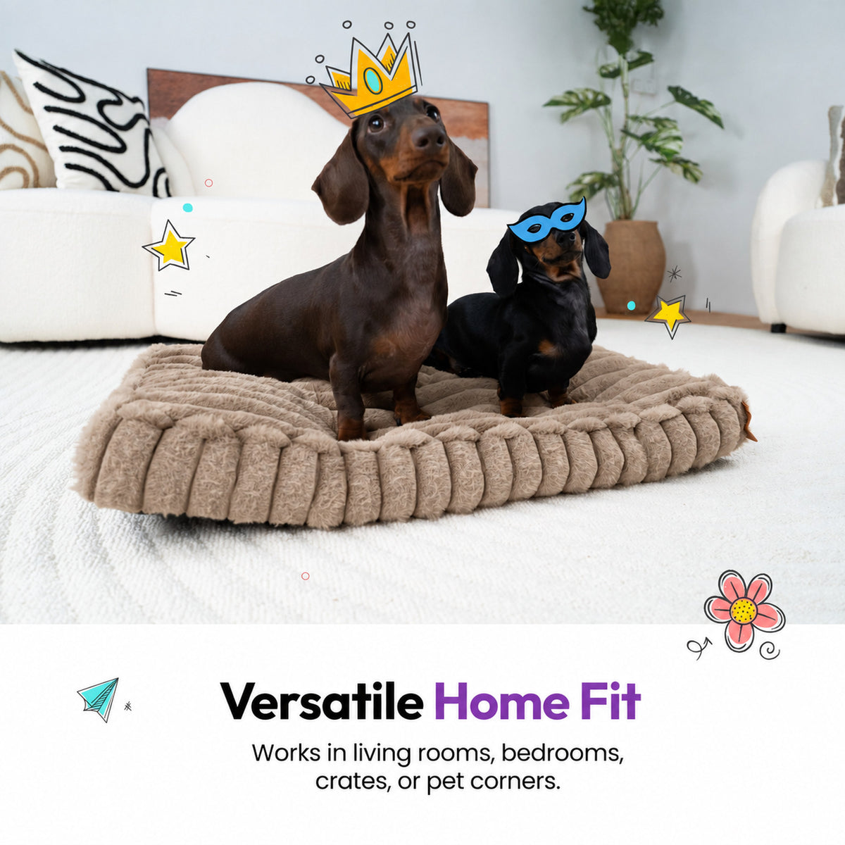 Brown | Furry Corduroy Sleeping Mat: Two dachshunds in a paper crown and a mask on the Brown mat, captioned Versatile Home Fit