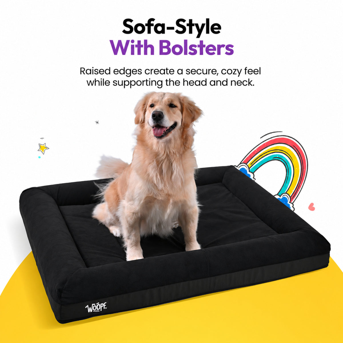 Black | SNÜZ Orthopedic Suede Bed: Golden retriever on the Black bed, headed Sofa-stye with bolster