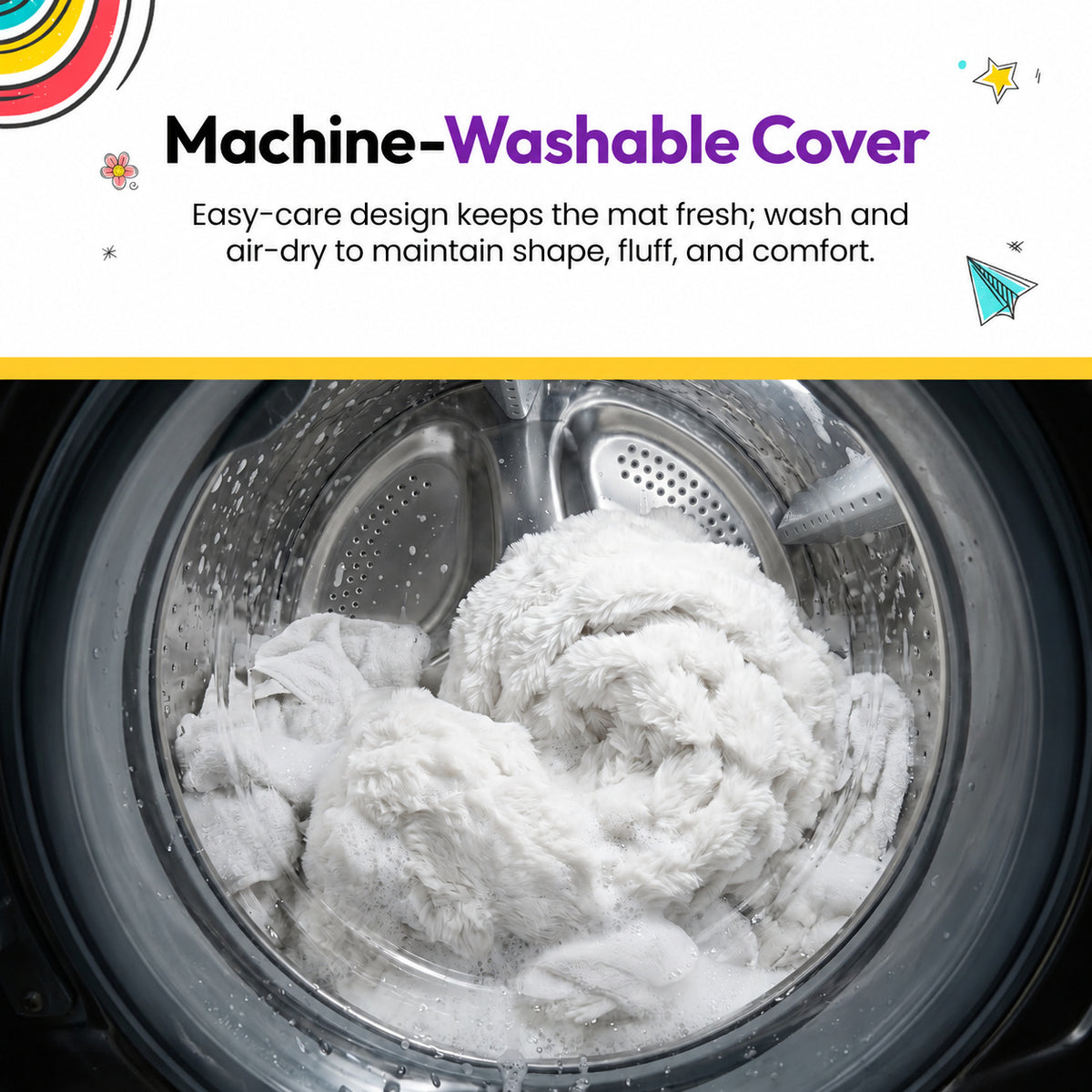 White | Furry Corduroy Sleeping Mat: The White cover in a washing machine drum, under the heading Machine-Washable Cover