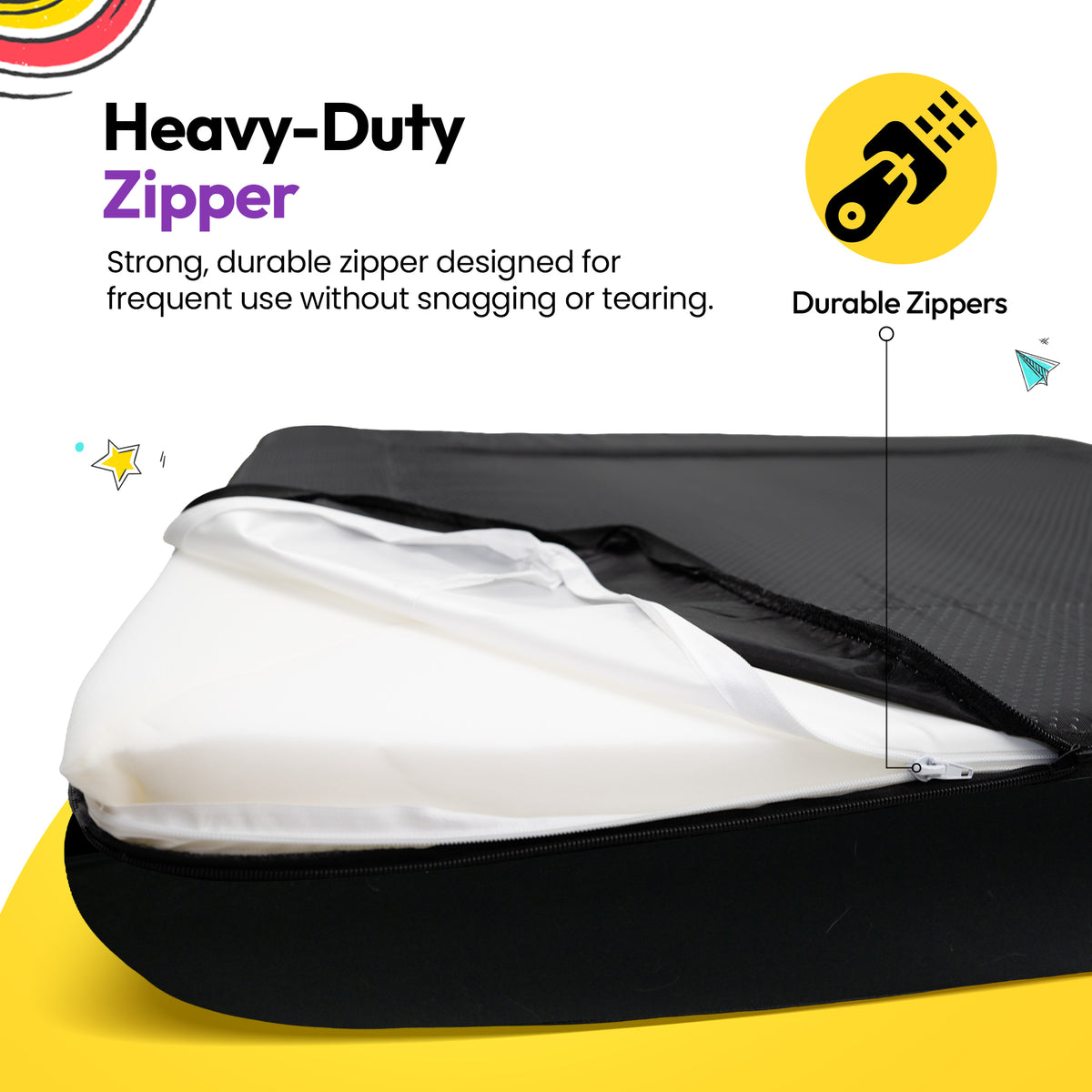 Black | SNÜZ Bed Cover (Dig-Proof & Waterproof): The Black cover's base unzipped to show the white inner cover, headed Heavy-Duty Zipper