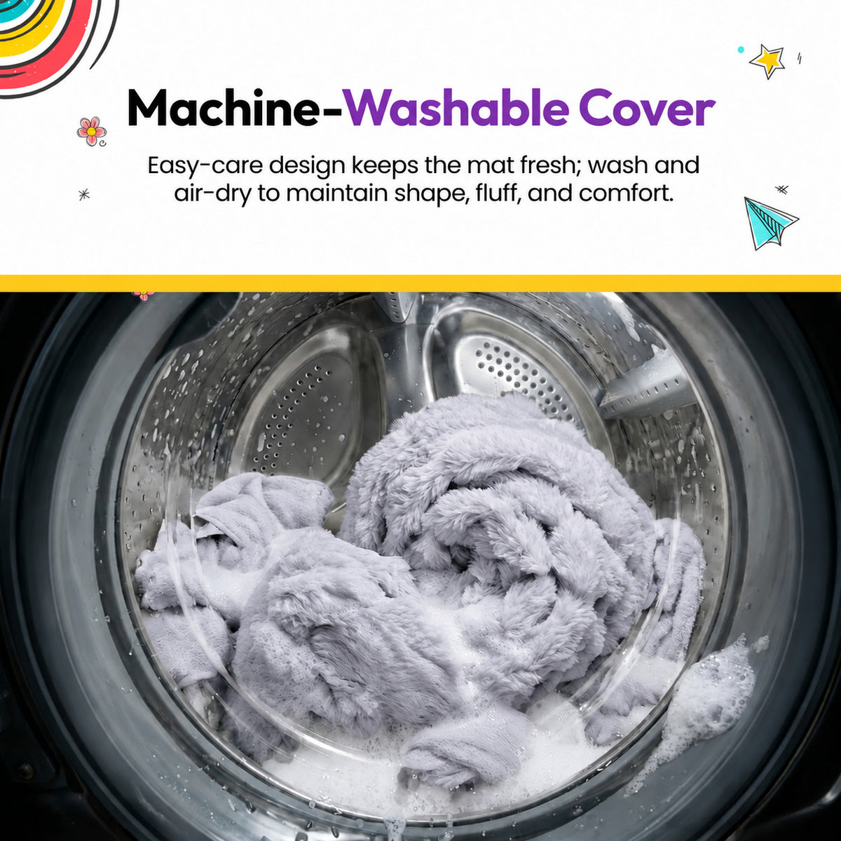 Grey | Furry Corduroy Sleeping Mat: The Grey cover in a washing machine drum, under the heading Machine-Washable Cover