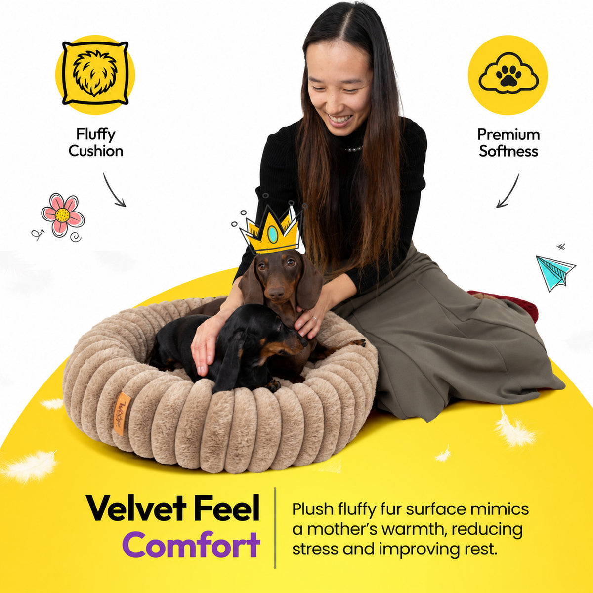 Brown | Furry Corduroy Round Bed: Woman with a dachshund in a paper crown in the Brown bed, headed Velvet Feel Comfort