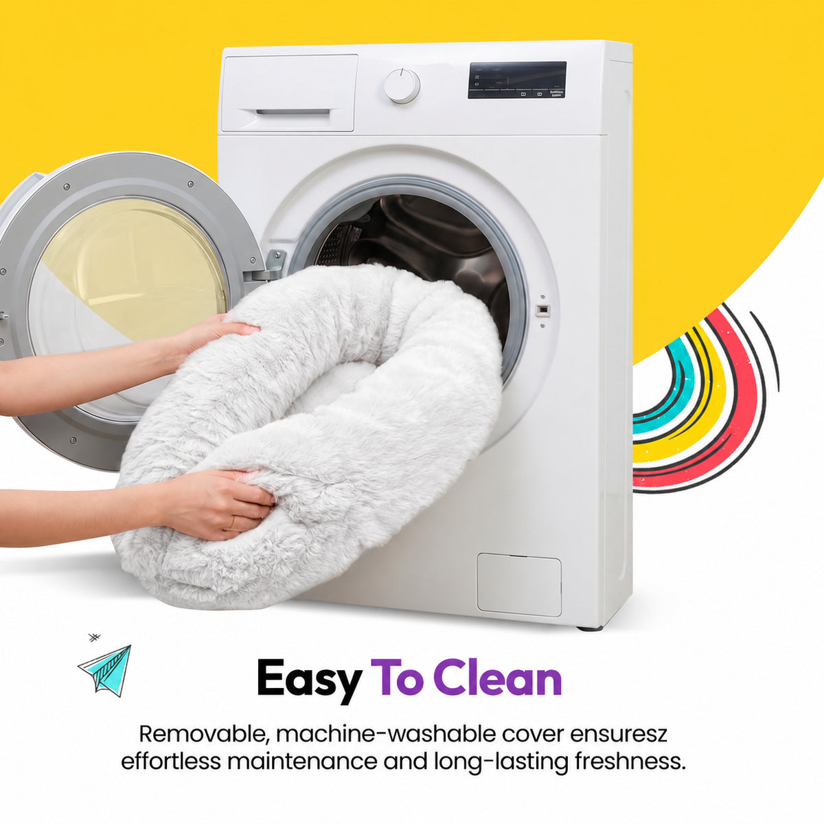 White | Furry Curves Round Bed: Easy to clean: the White bed going into a washing machine