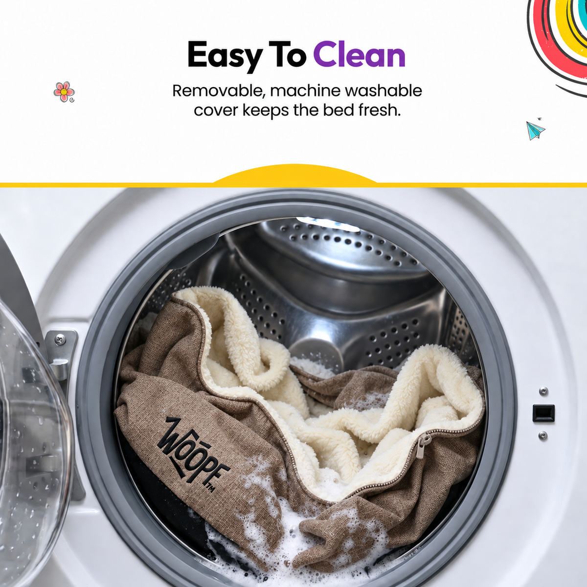 Cream | SNÖR Orthopedic Bed: The Cream bed's cover in a washing machine, headed Easy To Clean
