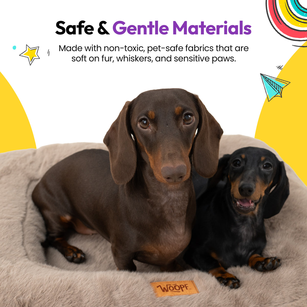 Brown | Furry Range Rectangle Bed: Close-up of two dachshunds in the Brown bed on a yellow graphic card