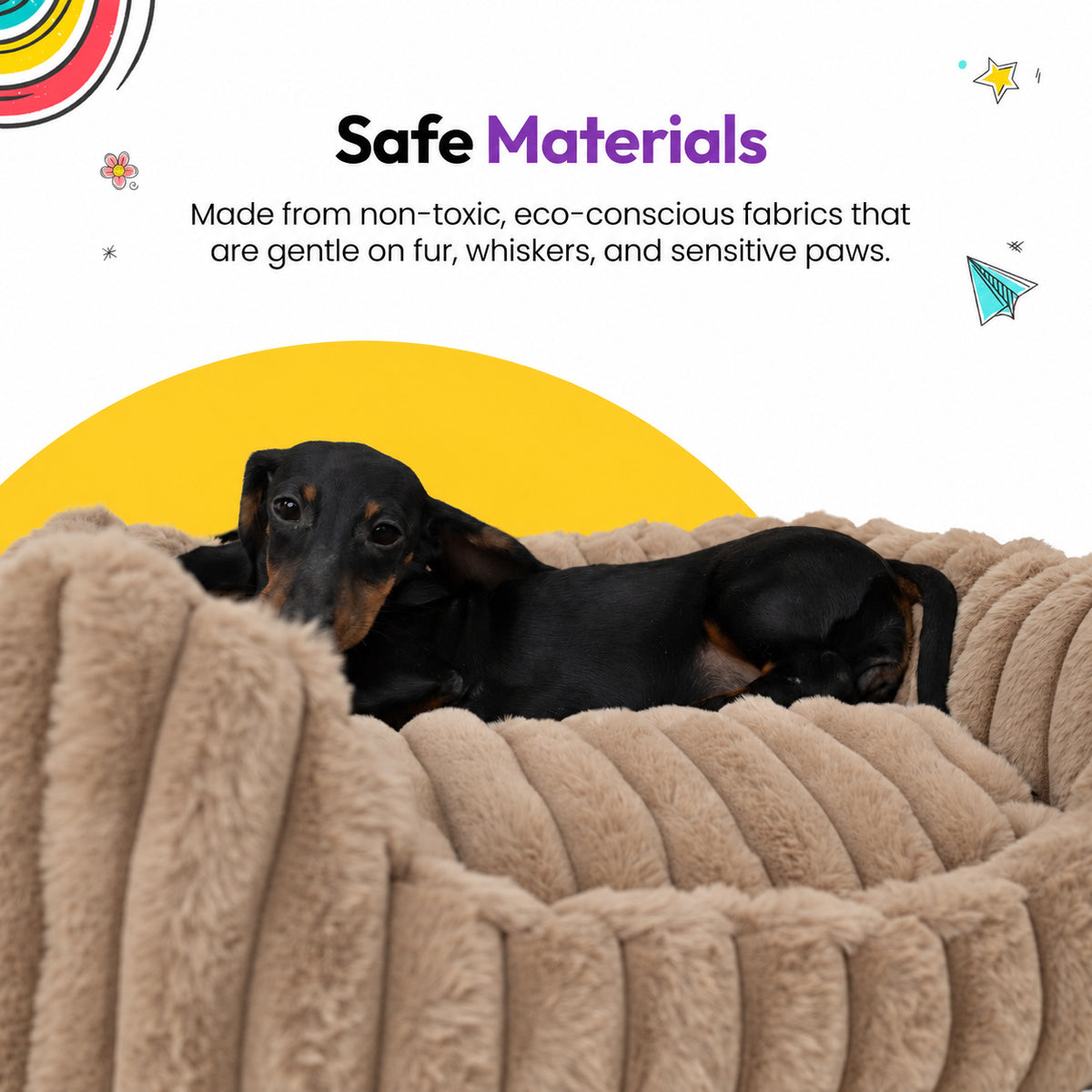 Brown | Furry Corduroy Open Front Rectangle Bed: Close-up of a dachshund lying in the Brown bed on a yellow graphic card