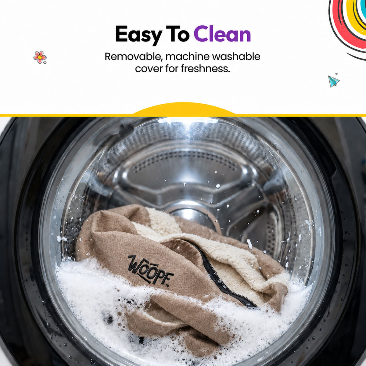 Cream | NÄP Orthopedic Bed: The Cream bed's cover in a washing machine, headed Easy To Clean