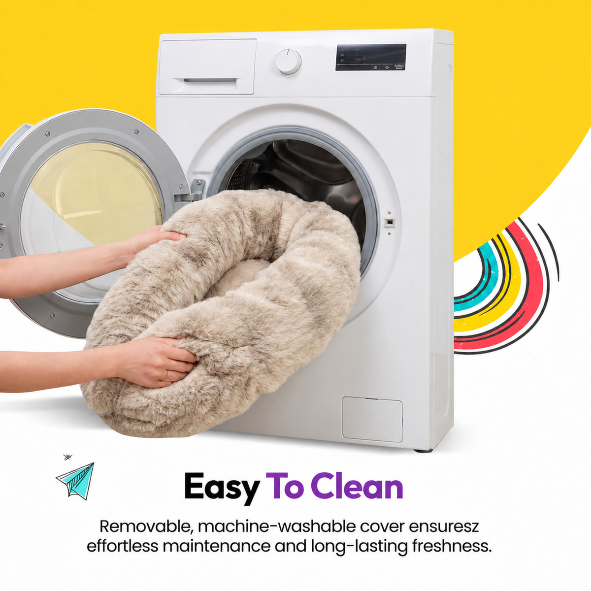 Cream | Furry Curves Round Bed: Easy to clean: the Cream bed going into a washing machine