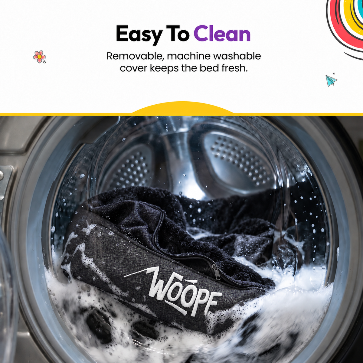 Black | SNÖR Orthopedic Bed: The Black bed's cover in a washing machine, headed Easy To Clean