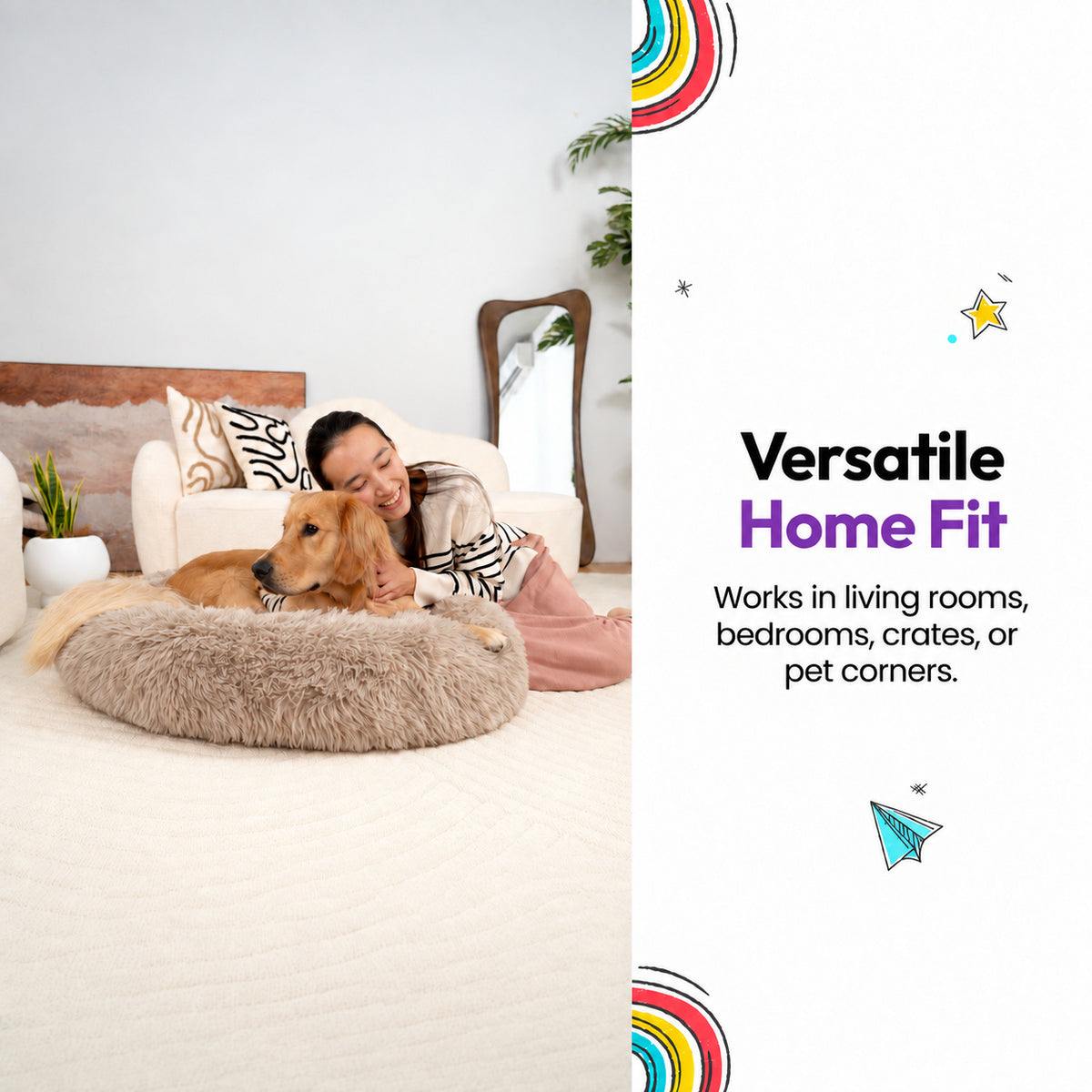 Brown | Fluffy Shag Calming Round Bed: Woman lying beside a golden retriever in the Brown bed, captioned Versatile Home Fit