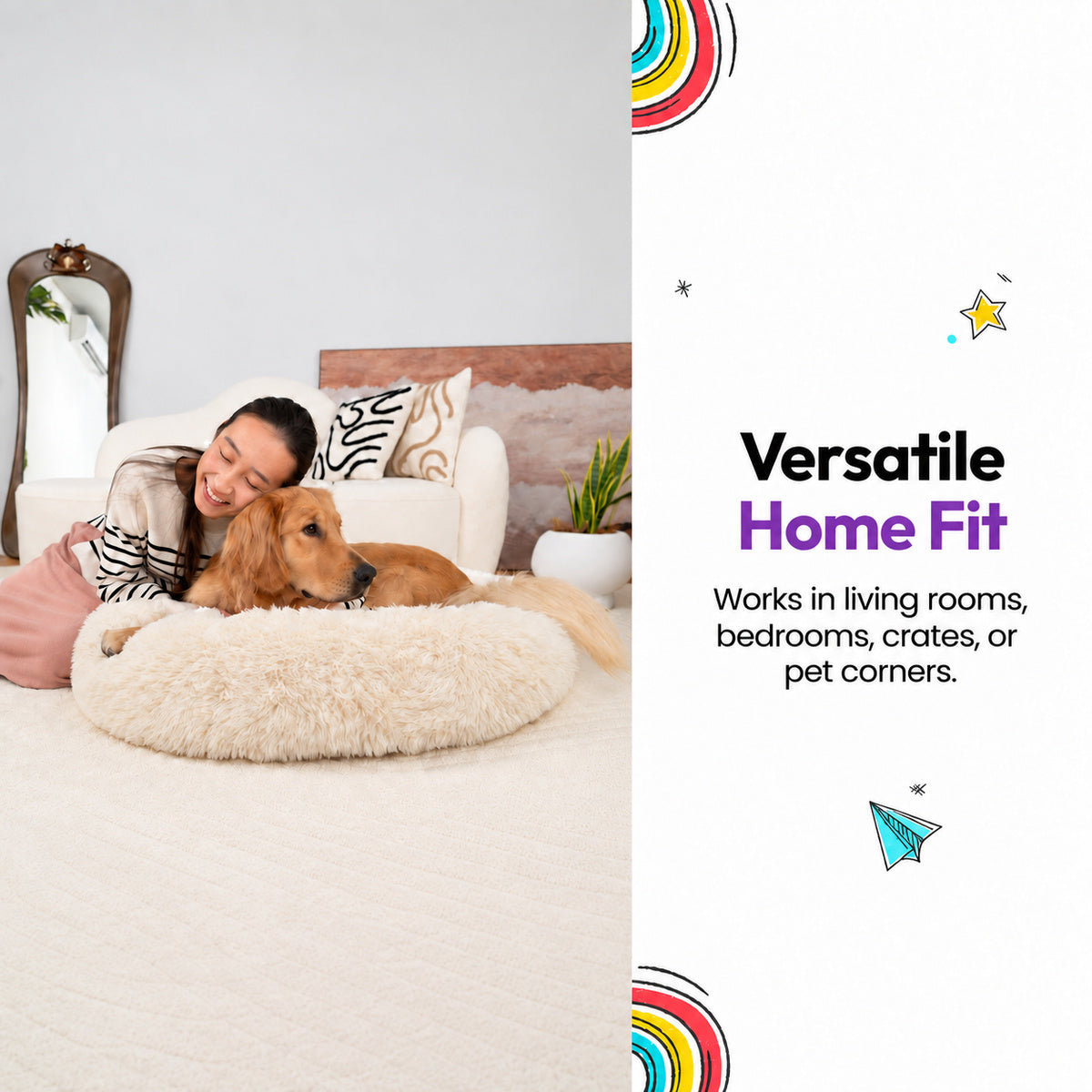 Cream | Fluffy Shag Calming Round Bed: Woman lying beside a golden retriever in the Cream bed, captioned Versatile Home Fit