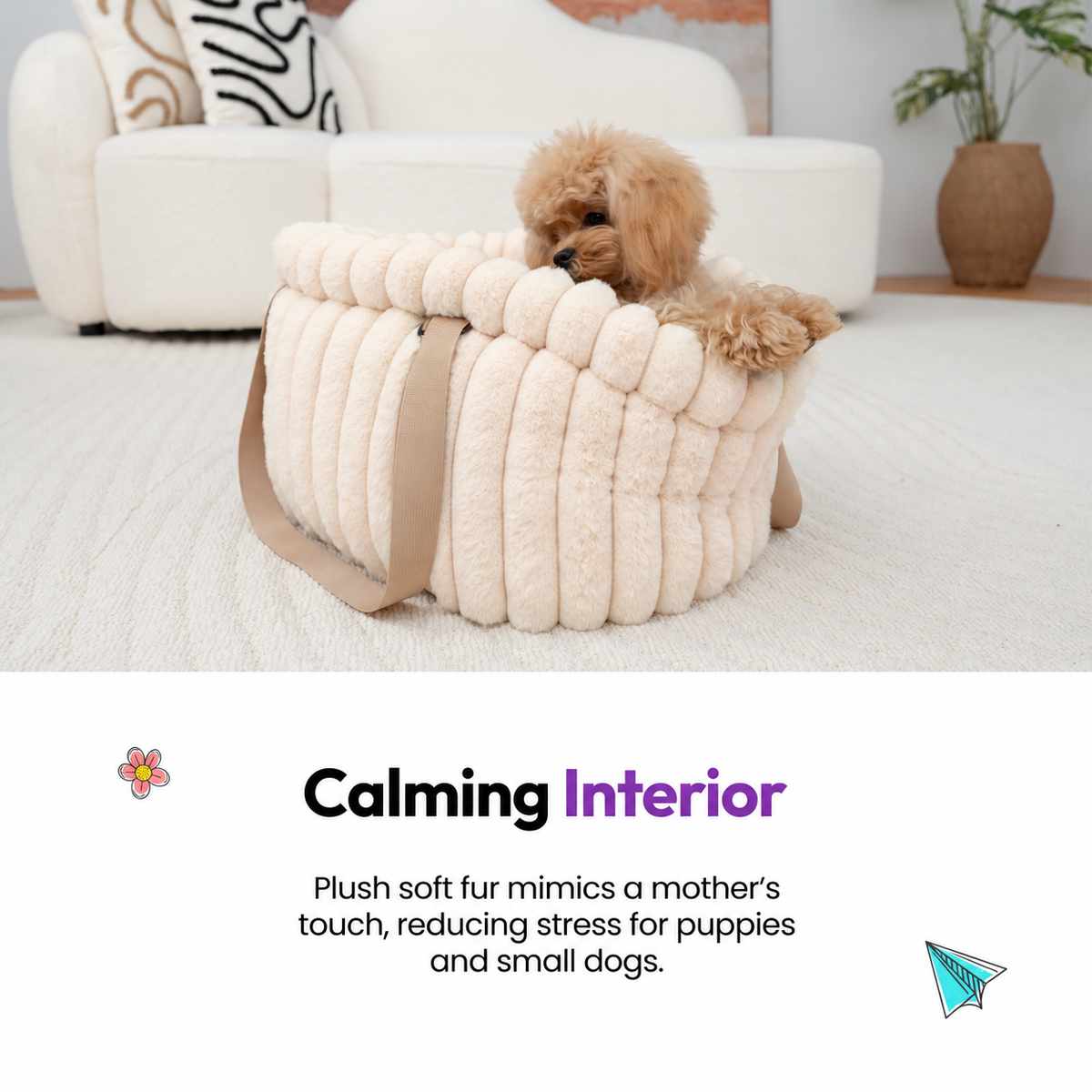 Pale pink | Corduroy Calming Dog Carrier: Toy poodle in the Pale pink carrier in a living room, on a graphic card