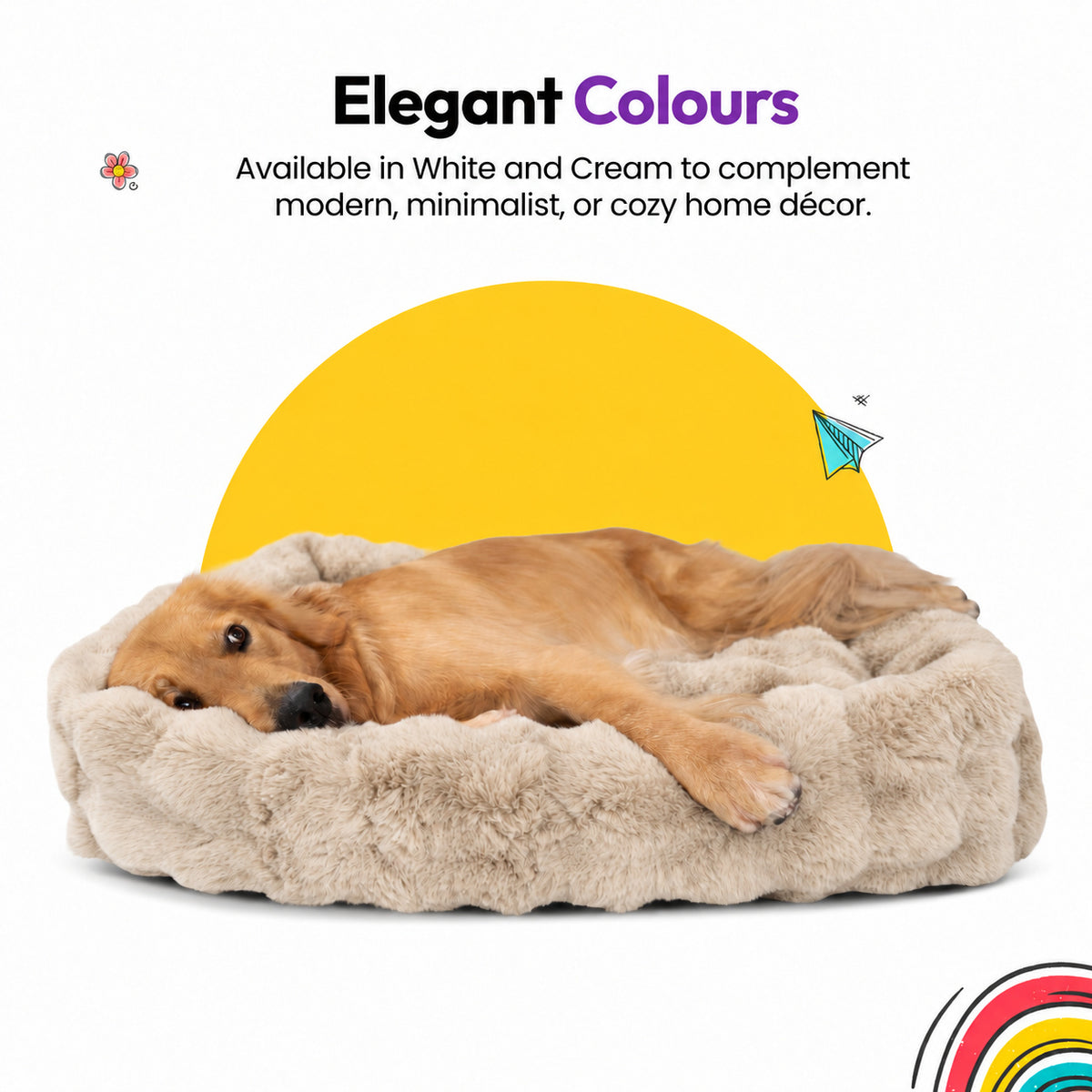 Cream | Furry Curves Rectangle Bed: Golden retriever in the Cream bed, headed Elegant Colours