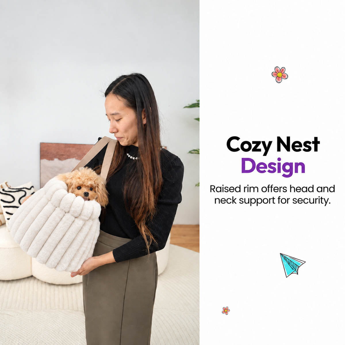 White | Corduroy Calming Dog Carrier: Woman carrying a toy poodle in the White carrier on her shoulder, captioned Cozy Nest Design