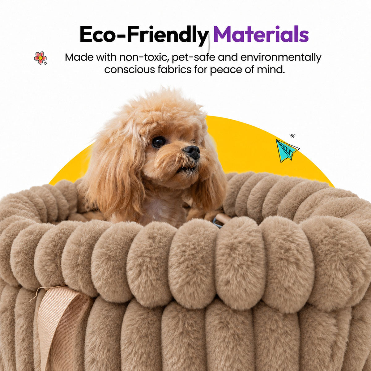 Brown | Corduroy Calming Dog Carrier: Toy poodle looking out of the Brown carrier on a yellow graphic card