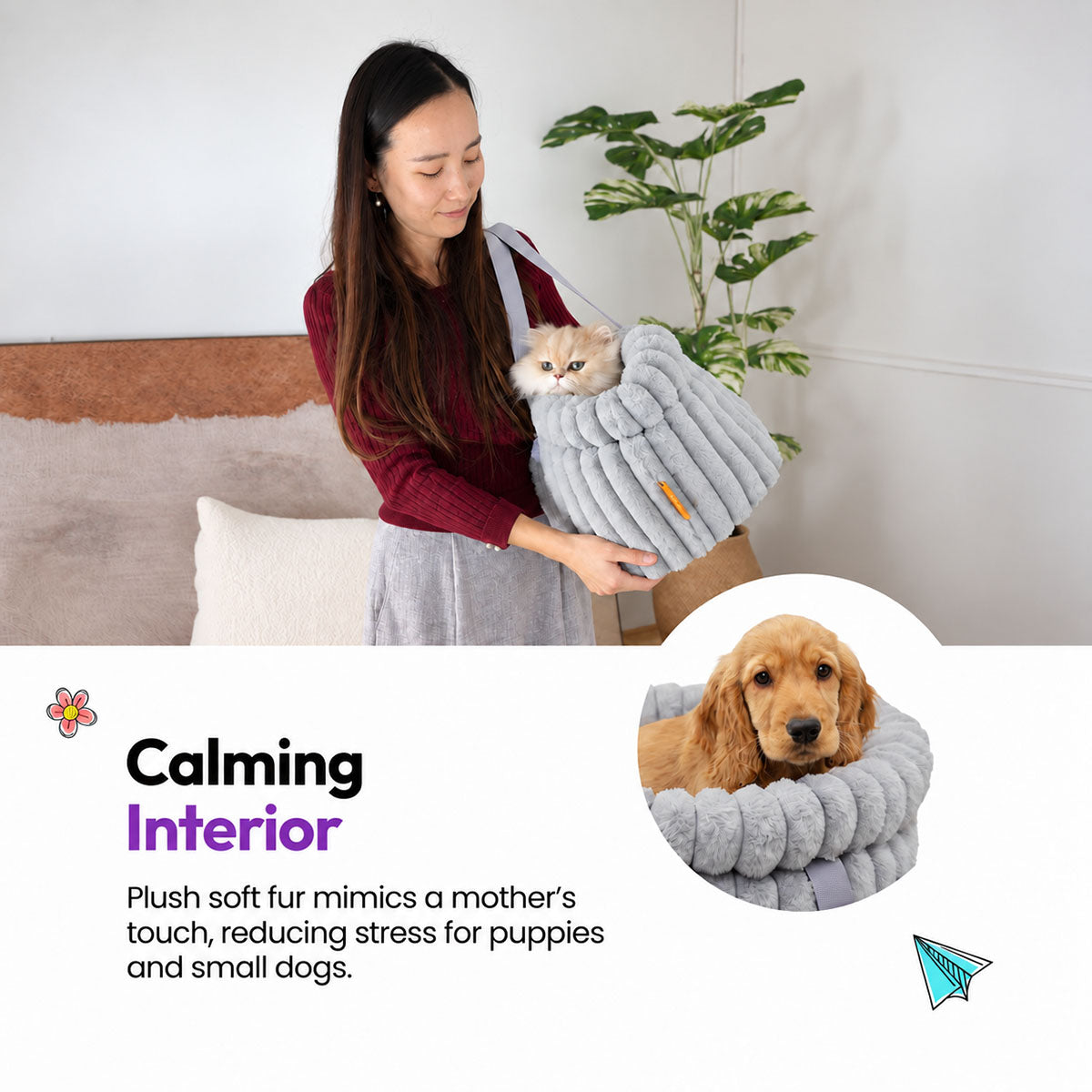 Grey | Corduroy Calming Dog Carrier: Woman carrying a cat in the Grey carrier, with a puppy inset, on a graphic card