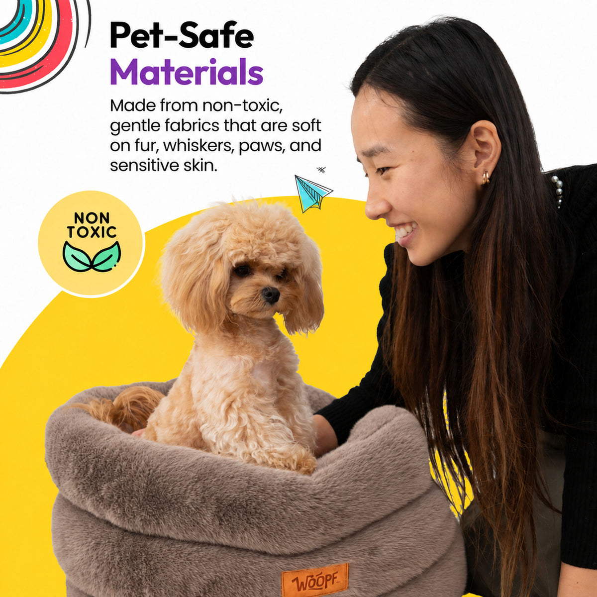 Brown | Furry Range Round Bed: Woman smiling at a poodle sitting in the Brown bed, on a yellow graphic card
