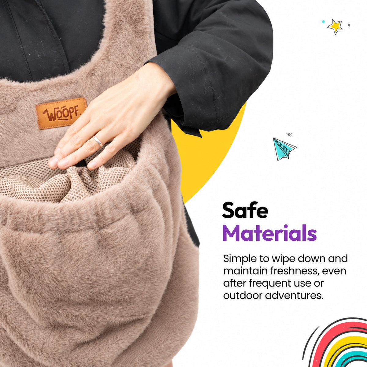Brown | Furry Range Puppy Pouch: Safe materials: the Brown Puppy Pouch's soft plush wipes clean