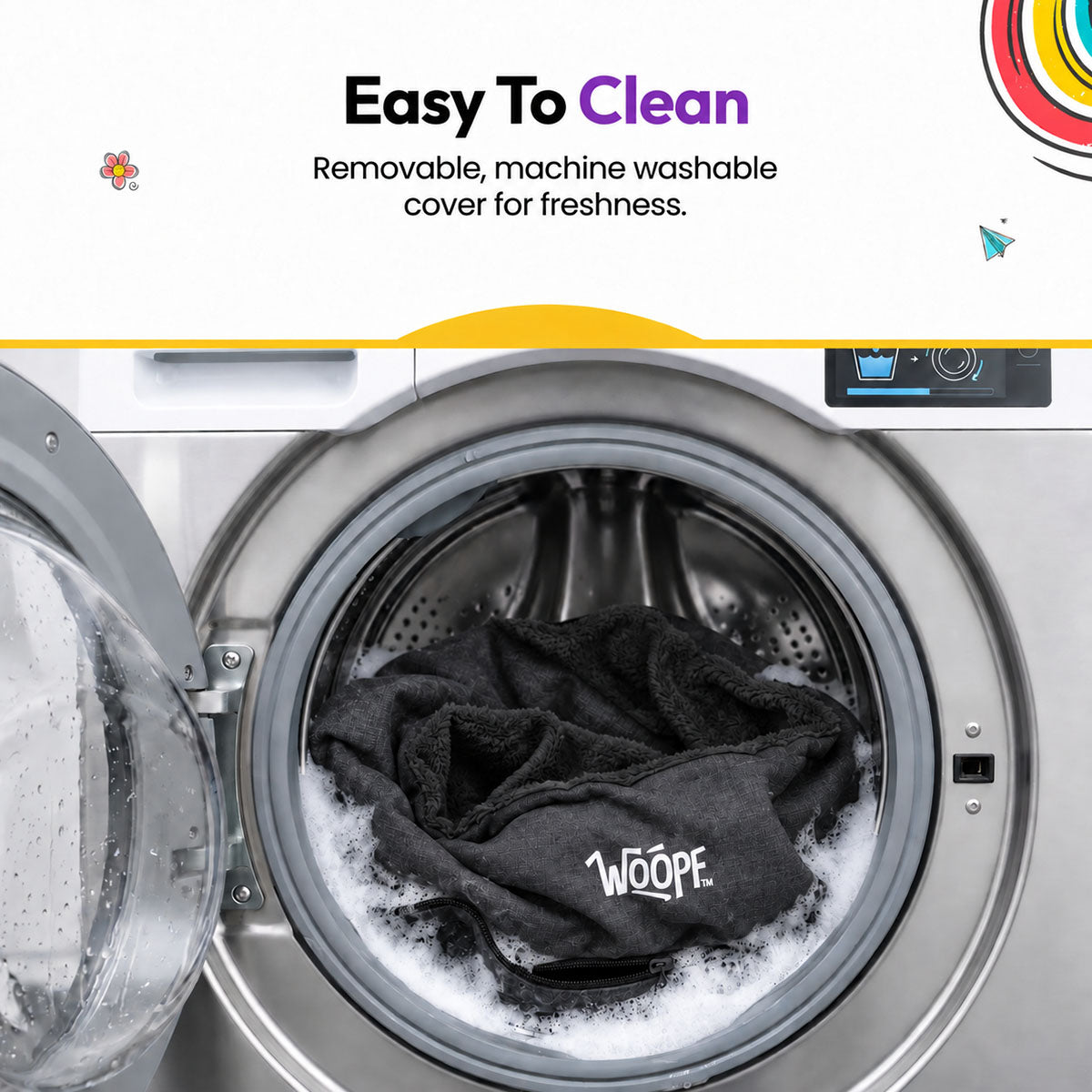 Black | NÄP Orthopedic Bed: The Black bed's cover in a washing machine, headed Easy To Clean
