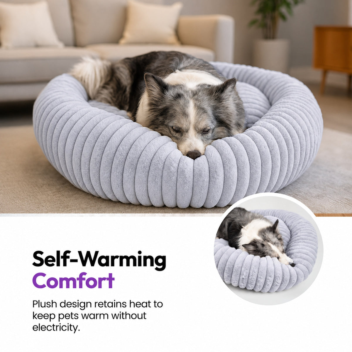 Grey | Furry Corduroy Round Bed: Merle collie asleep in the Grey bed, headed Self-Warming Comfort