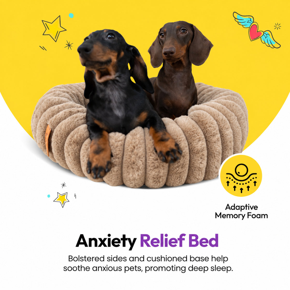 Brown | Furry Corduroy Round Bed: Two dachshunds sitting in the Brown bed on a yellow graphic card