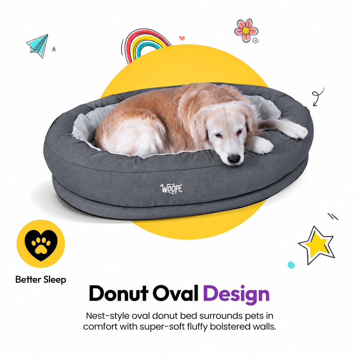 Grey | NÄP Orthopedic Bed: Golden retriever in the Grey bed, headed Donut Oval Design