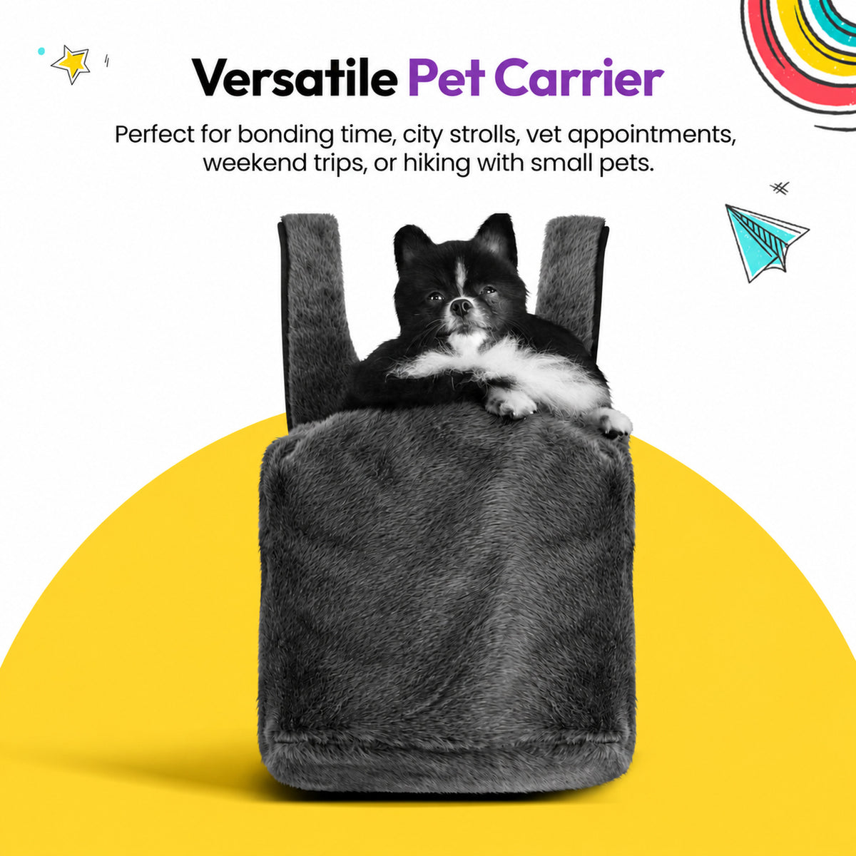 Grey | Furry Range Puppy Pouch: Versatile pet carrier: a small black and white dog in the Grey Puppy Pouch