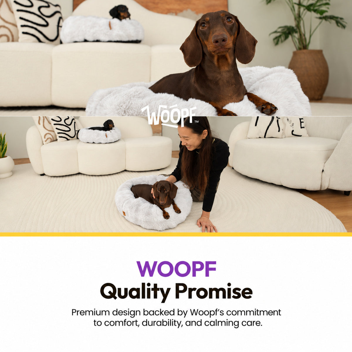 White | Furry Curves Round Bed: WOOPF quality promise: a woman and a dachshund with the White round bed in a living room