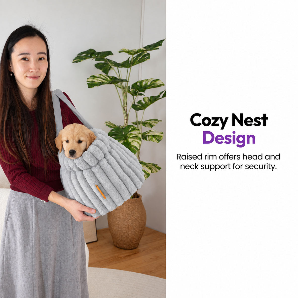 Grey | Corduroy Calming Dog Carrier: Woman carrying a golden puppy in the Grey carrier, captioned Cozy Nest Design
