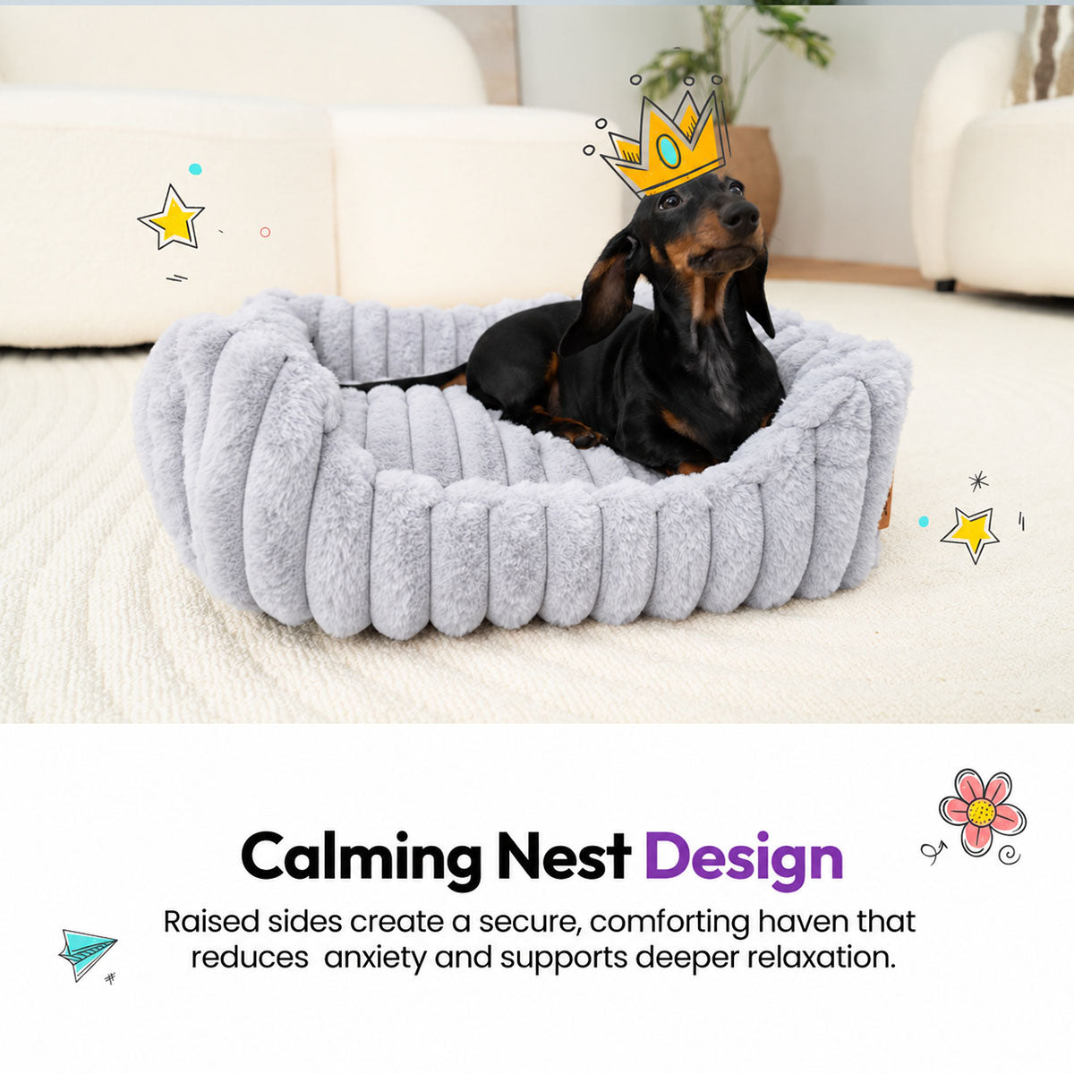 Grey | Furry Corduroy Open Front Rectangle Bed: Dachshund in a paper crown sitting in the Grey bed in a living room