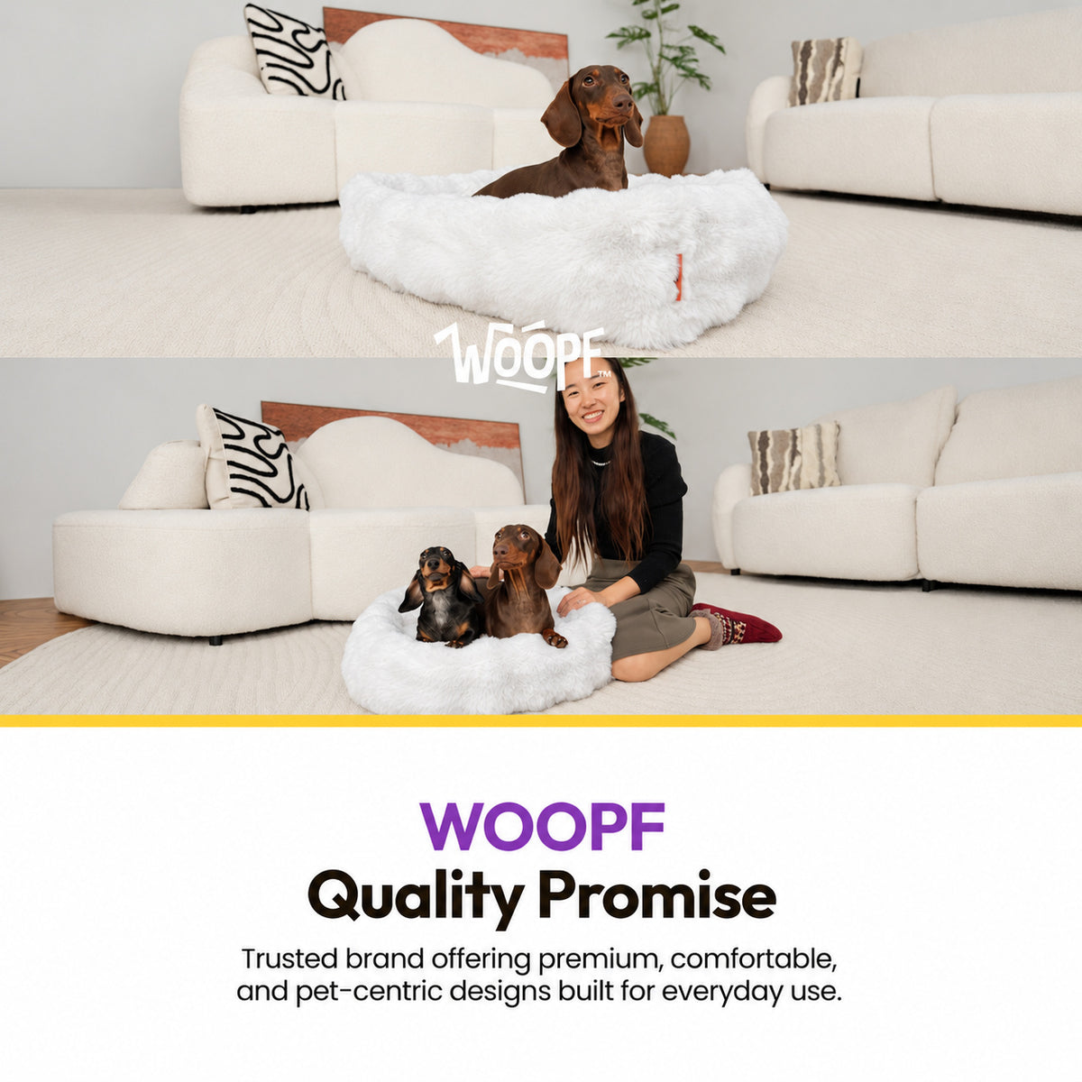 White | Furry Curves Rectangle Bed: Woman with two dachshunds in the White bed under a yellow wash, headed WOOPF Quality Promise