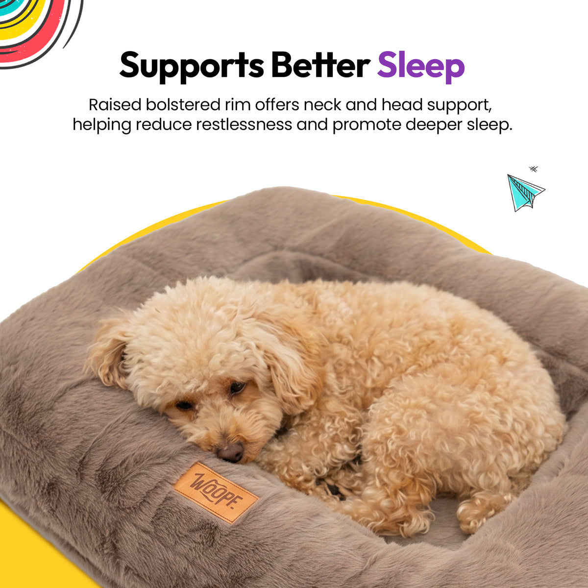 Brown | Furry Range Rectangle Bed: Toy poodle curled up against the rim of the Brown bed