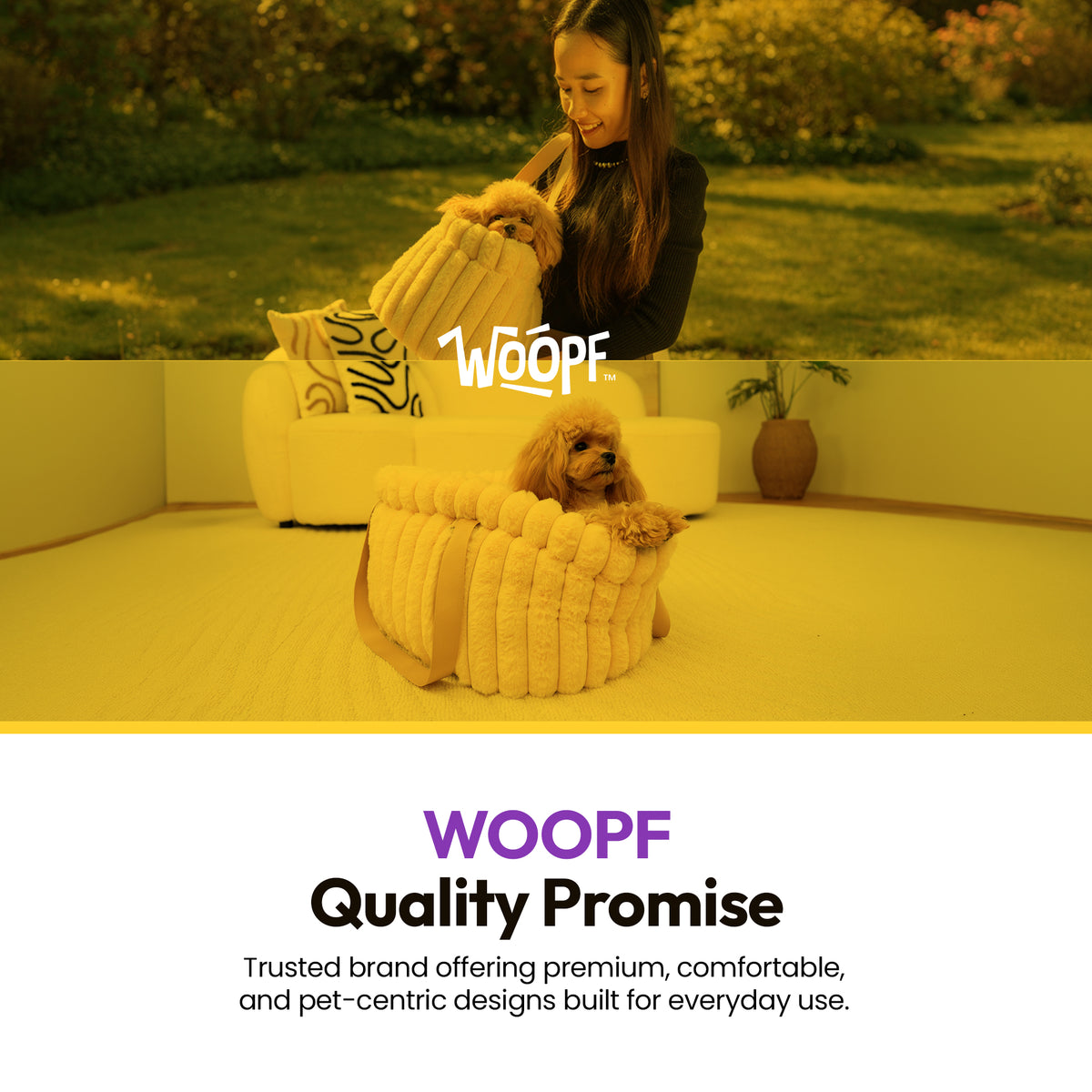 Pale pink | Corduroy Calming Dog Carrier: Woman with a poodle in the Pale pink carrier in two scenes, with the WOOPF logo, headed WOOPF Quality Promise