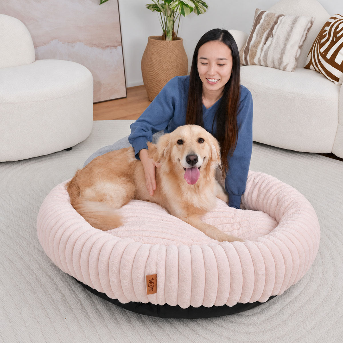 Pale pink | Furry Corduroy Round Bed: Woman behind a golden retriever lying in the Pale pink bed