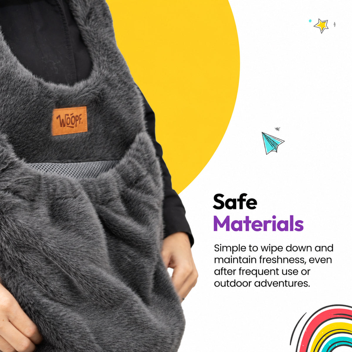 Grey | Furry Range Puppy Pouch: Safe materials: the Grey Puppy Pouch's soft plush wipes clean