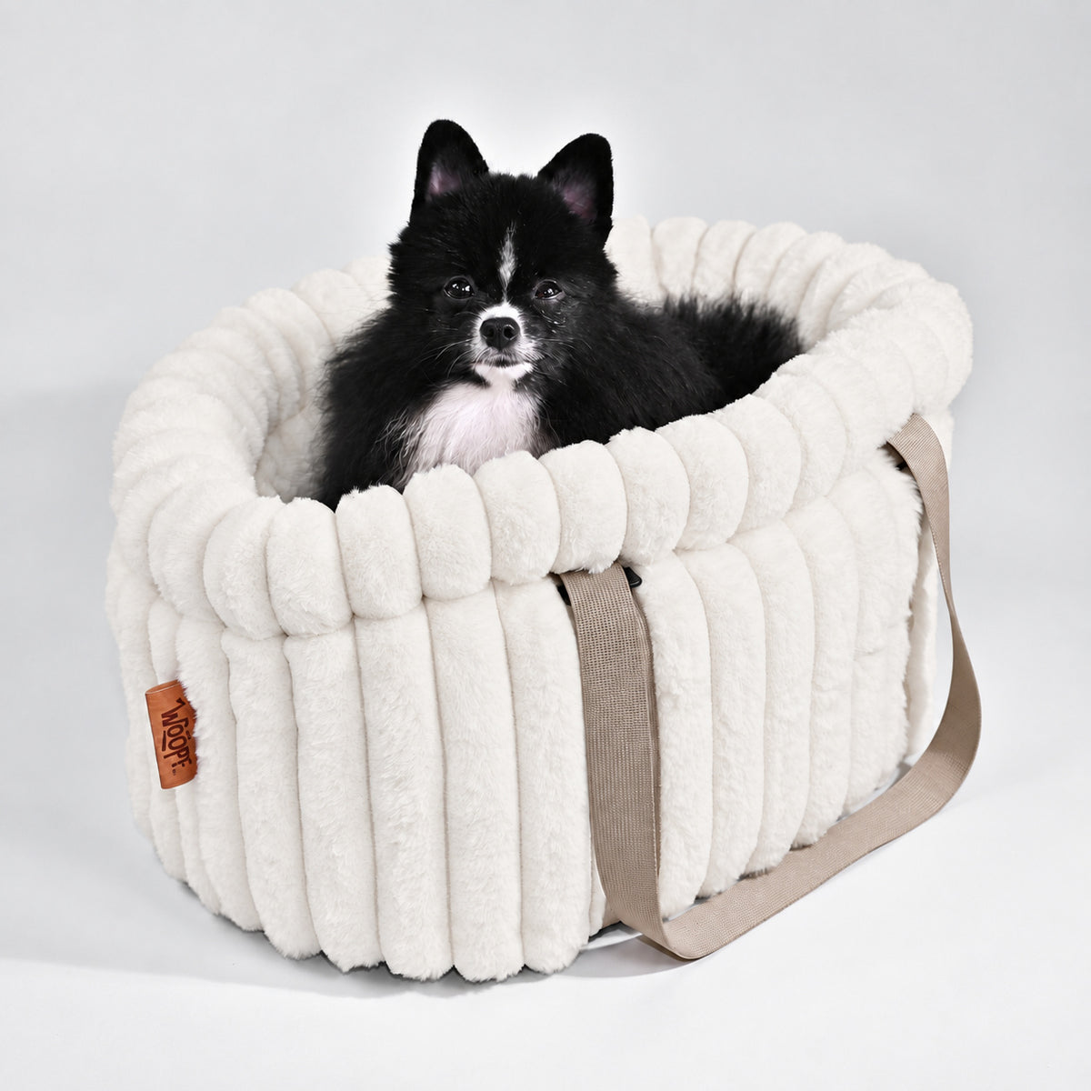 White | Corduroy Calming Dog Carrier: Black and white Pomeranian sitting in the White carrier in a grey studio