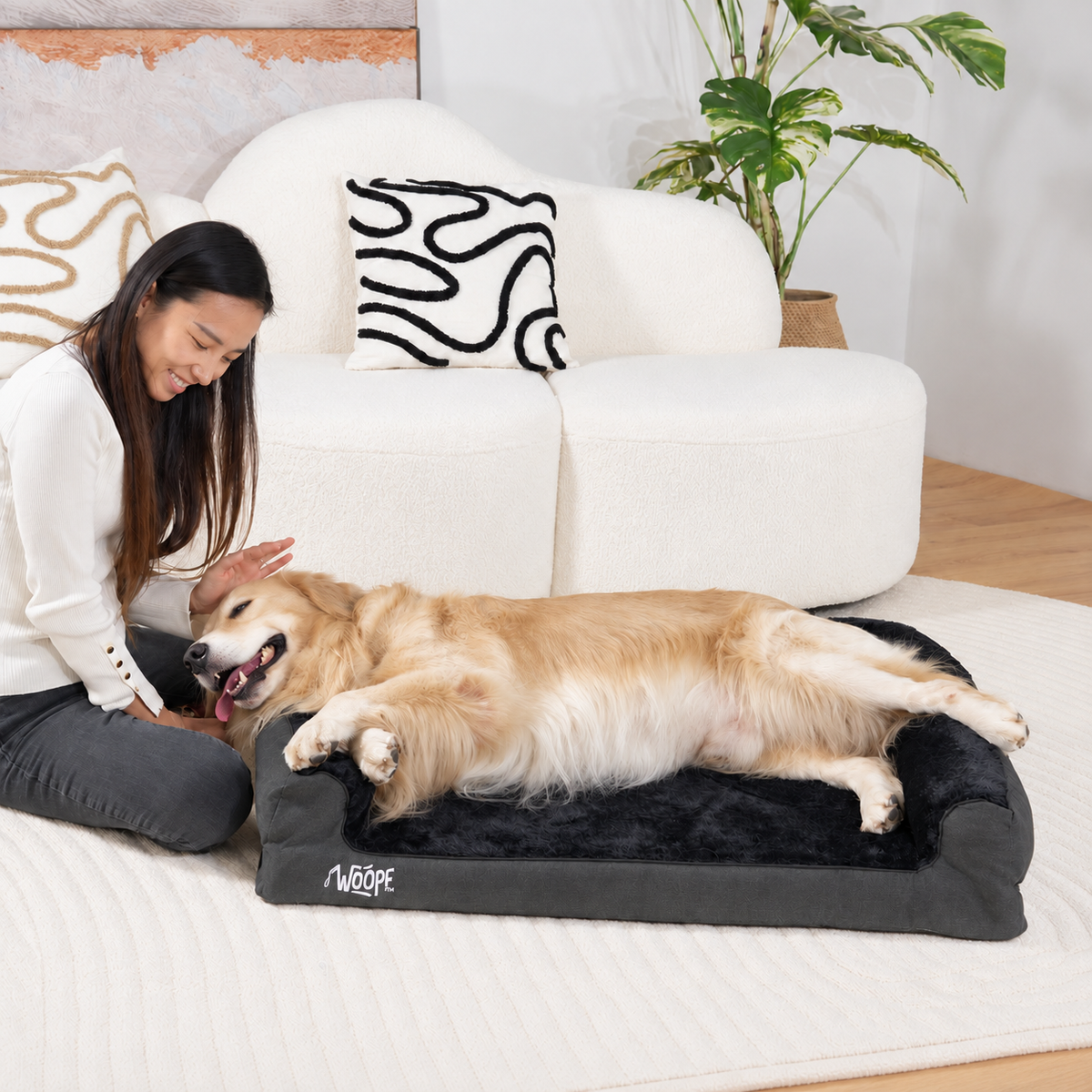 Black | SNÖR Orthopedic Bed: Woman kneeling beside a golden retriever on the Black bed in a living room