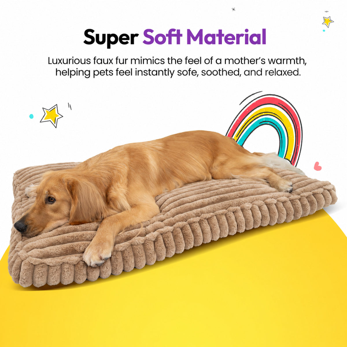 Brown | Furry Corduroy Sleeping Mat: Golden retriever lying across the Brown mat on a yellow graphic card with a rainbow