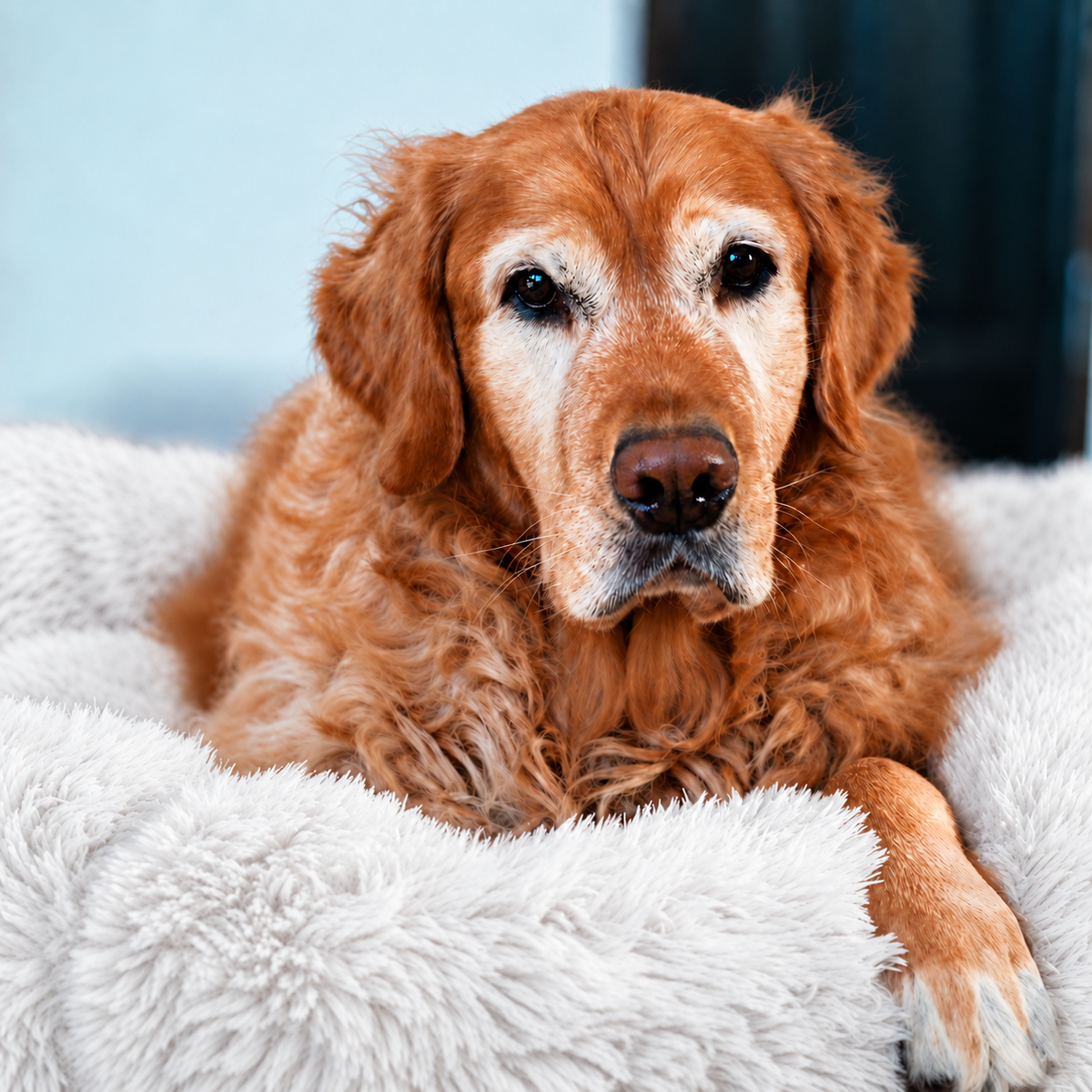 White | Fluffy Shag Calming Round Bed: Golden retriever with its paws over the rim of the White bed