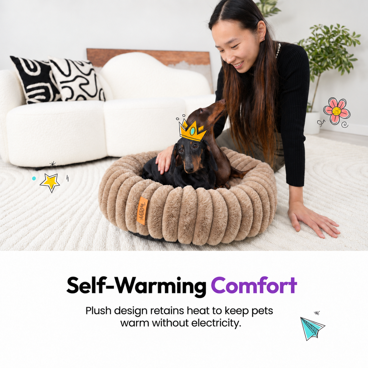 Brown | Furry Corduroy Round Bed: Woman with a dachshund in a paper crown in the Brown bed, headed Self-Warming Comfort