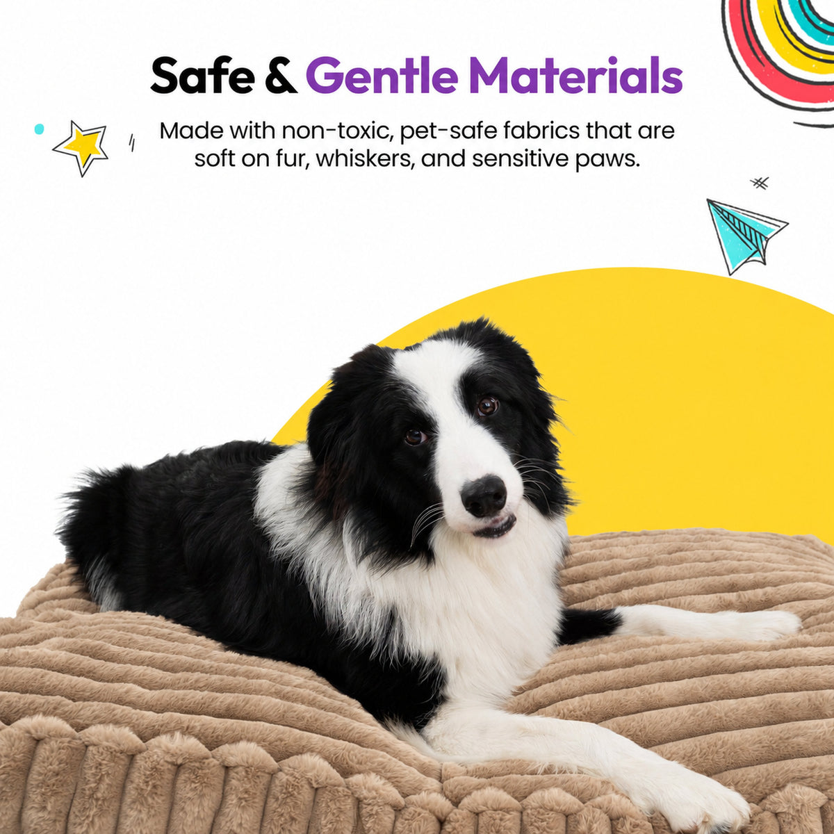 Brown | Furry Corduroy Sleeping Mat: Border collie lying on the Brown mat on a yellow graphic card