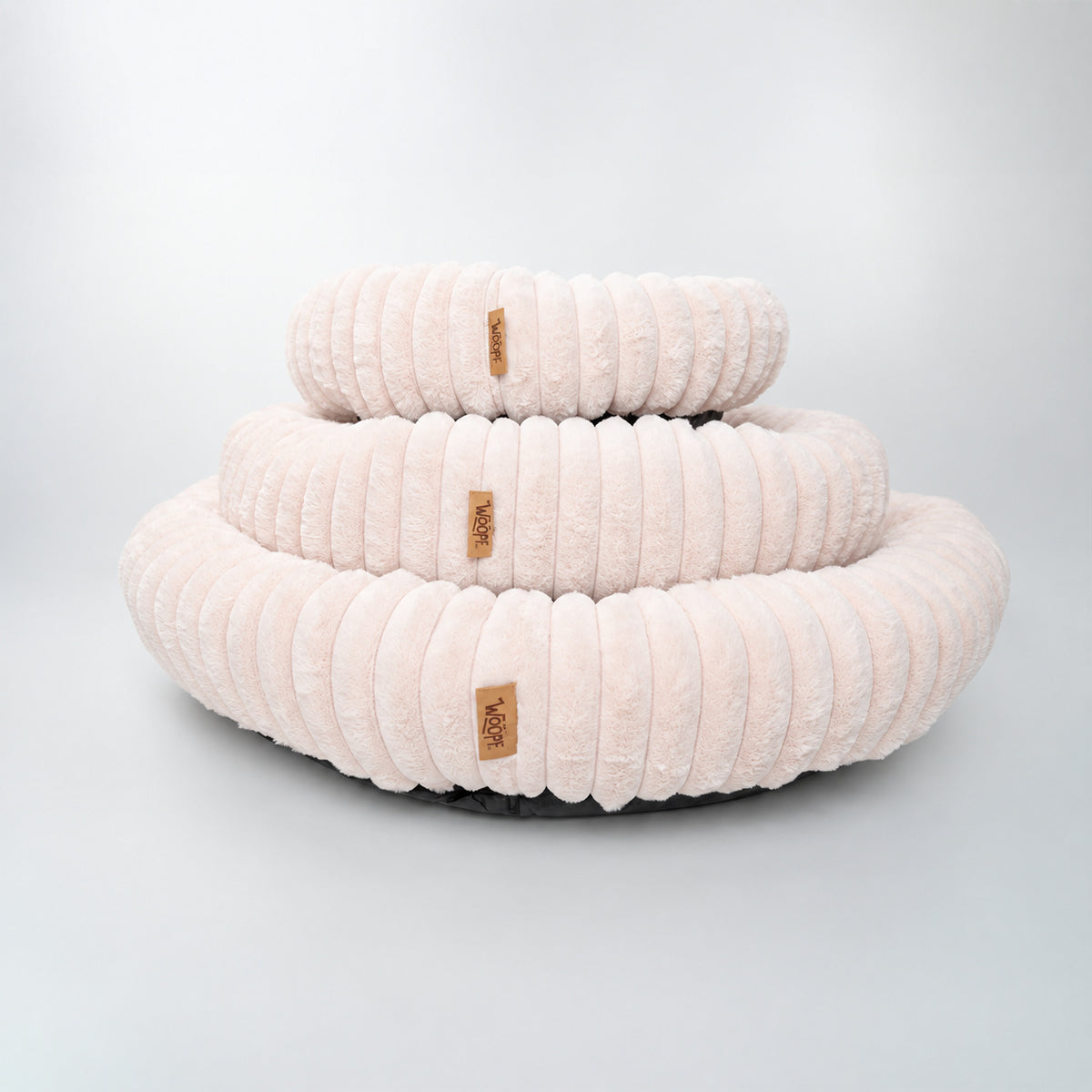 Pale pink | Furry Corduroy Round Bed: Three Pale pink beds stacked from Large to Small