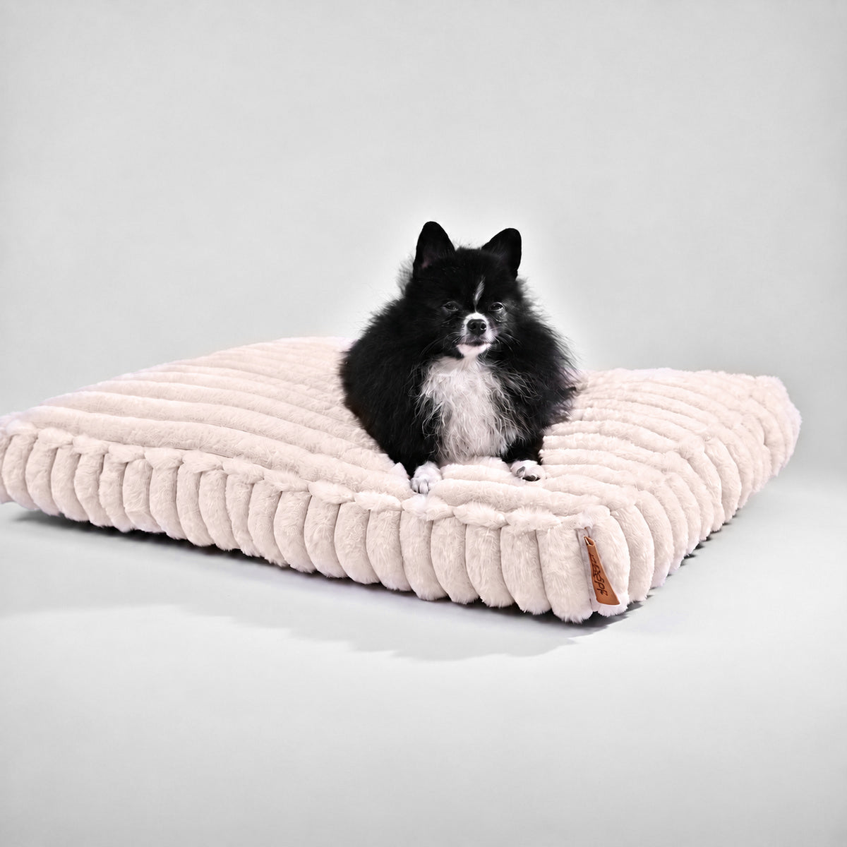 Pale pink | Furry Corduroy Sleeping Mat: Black and white Pomeranian lying on the Pale pink mat in a grey studio