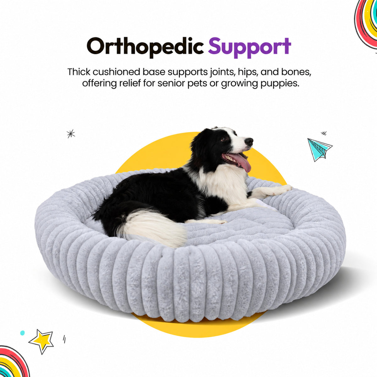 Grey | Furry Corduroy Round Bed: Border collie lying in the Grey bed on a yellow graphic card