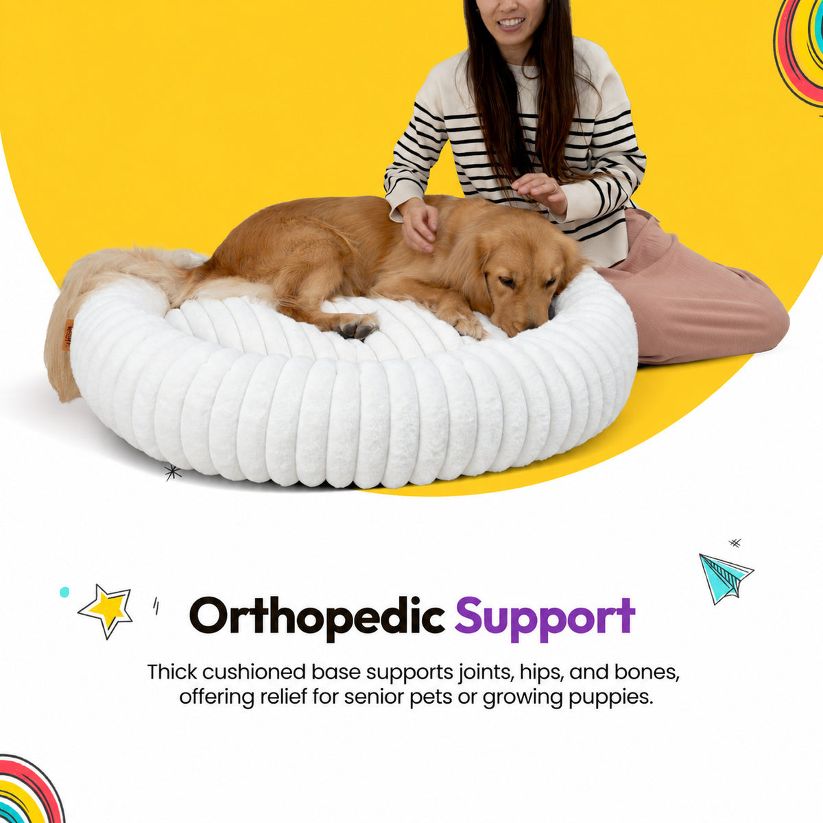 White | Furry Corduroy Round Bed: Woman with a golden retriever lying in the White bed, on a yellow graphic card