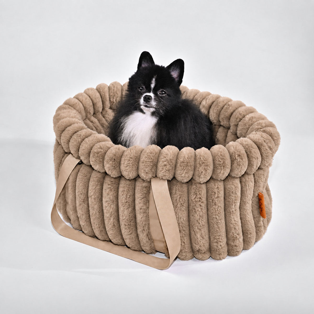 Brown | Corduroy Calming Dog Carrier: Black and white Pomeranian sitting in the Brown carrier in a grey studio