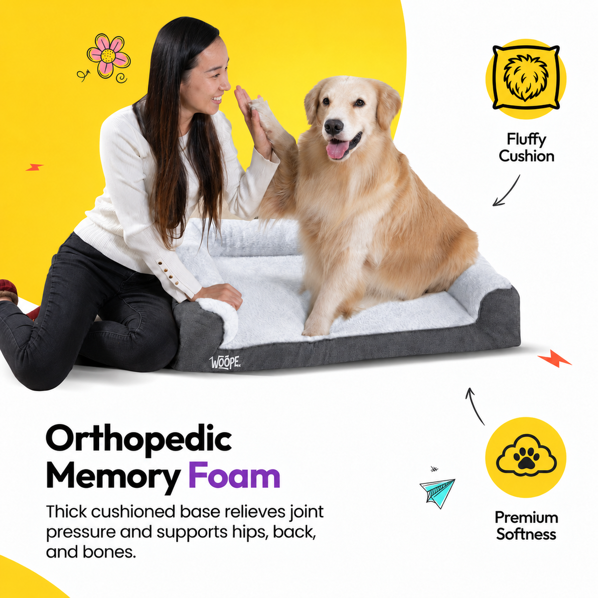 Grey | SNÖR Orthopedic Bed: Woman with a golden retriever on the Grey bed, headed Orthopedic Memory Foam