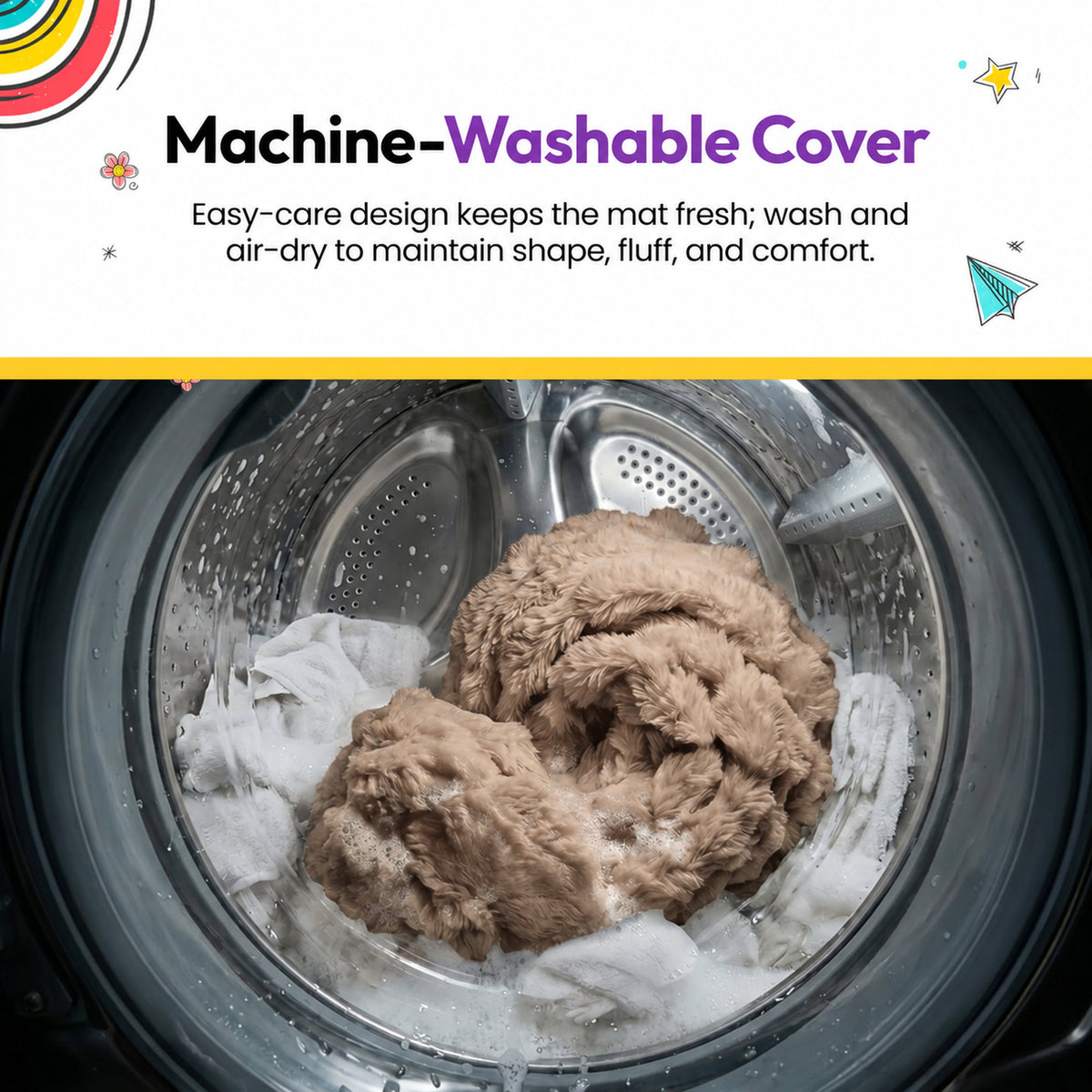 Brown | Furry Corduroy Sleeping Mat: The Brown cover in a washing machine drum, under the heading Machine-Washable Cover