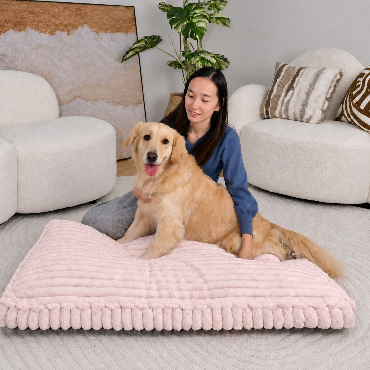 Pale pink | Furry Corduroy Sleeping Mat: Woman behind a golden retriever sitting on the Pale pink mat, seen from the side