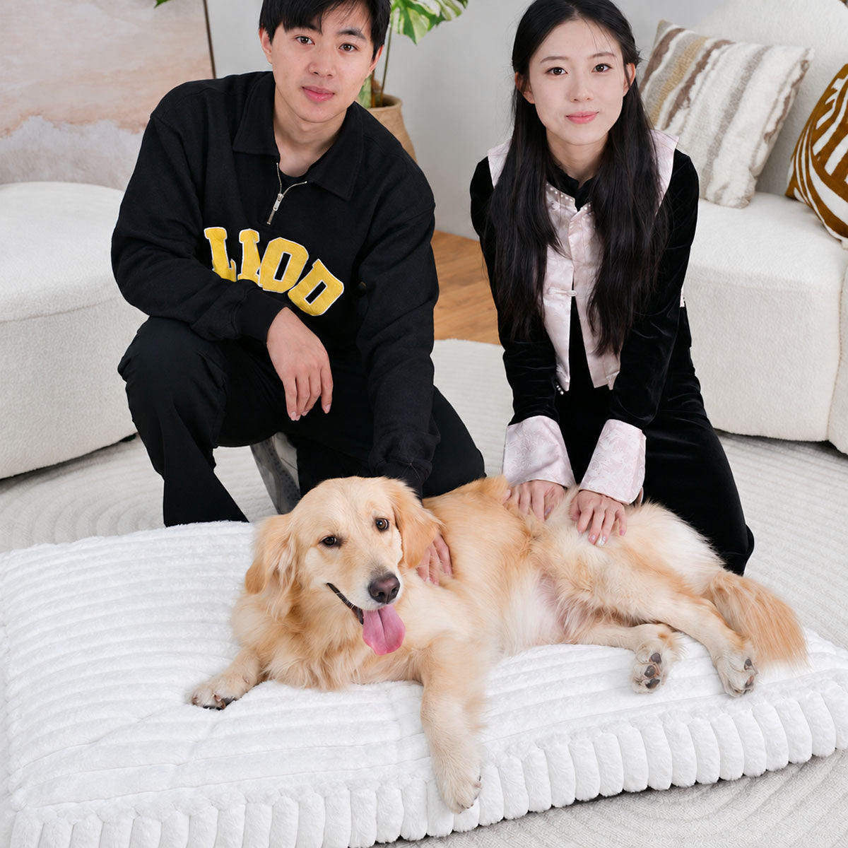 White | Furry Corduroy Sleeping Mat: Man and woman kneeling behind a golden retriever lying on the White mat